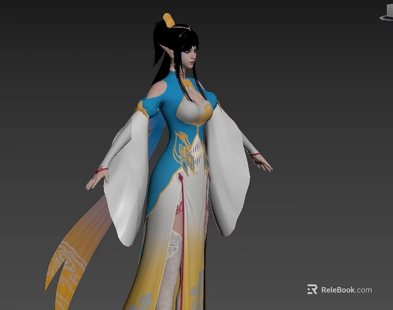 Traditional Chinese Game Movie Character In Blue Yellow Robe With Flowing Sleeves And Ornate Patterns 3d model 