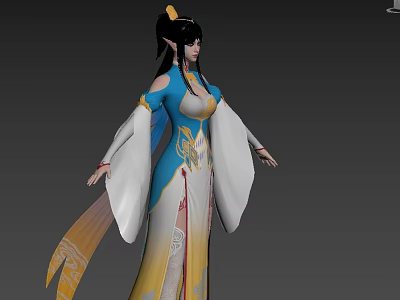 Traditional Chinese Game Movie Character In Blue Yellow Robe With Flowing Sleeves And Ornate Patterns 3d model