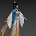 Traditional Chinese Game Movie Character In Blue Yellow Robe With Flowing Sleeves And Ornate Patterns