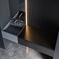 Modern Bathroom Vanity With Black Panel LED Strip Lighting And Concrete Countertop