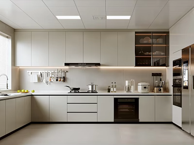 Modern Kitchen Interior Design With White Cabinets Built-in Appliances Countertop And Hanging Utensils 3d model