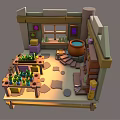 Cartoon Alchemy Lab Scene Featuring Wooden Shelves Green Potions Large Clay Jar Table And Window