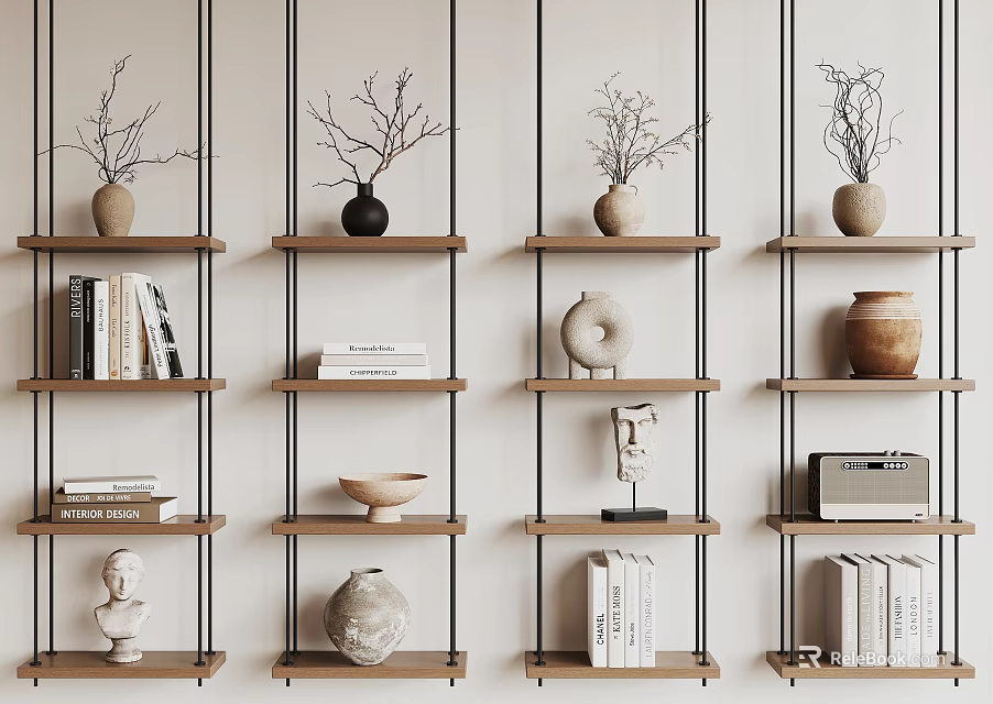Modern Minimalist Shelving Unit With Wooden Shelves Displaying Vases Books And Sculptures 3d model 