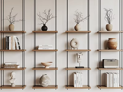 Modern Minimalist Shelving Unit With Wooden Shelves Displaying Vases Books And Sculptures 3d model