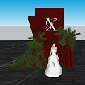 Floral Installation with Red Curtain White X Red Berries Green Foliage and White Wedding Dress