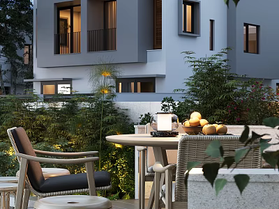 Elegant Garden Landscape Design with Outdoor Patio Greenery and Wooden Furniture 3d model