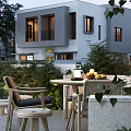 Elegant Garden Landscape Design with Outdoor Patio Greenery and Wooden Furniture