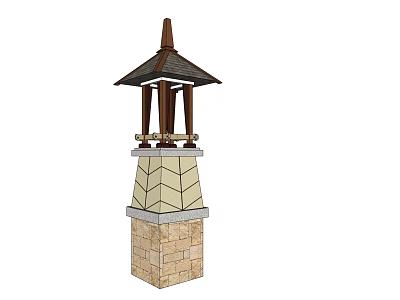 Decorative Outdoor Light With Pagoda Style Roof And Stone Brick Base 3d model