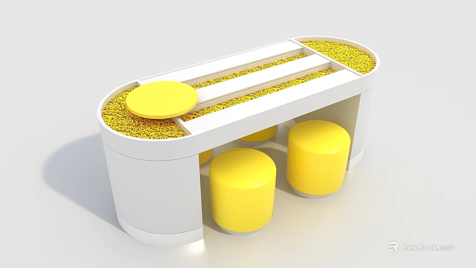 White Oval Table With Yellow Grains And Round Lid Plus Three Yellow Stools 3d model