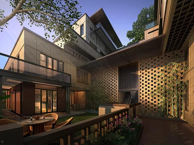 Modern Chinese Courtyard Architecture With Wooden Lattice Walls Green Plants And Terrace 3d model