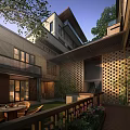 Modern Chinese Courtyard Architecture With Wooden Lattice Walls Green Plants And Terrace
