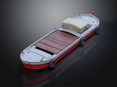 White And Red Boat With Wooden Deck And Cover 3d model