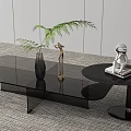 Modern Black Coffee Table with Decorative Items Vase Sculpture and Green Plant on Minimalist Rug