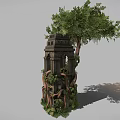 Ancient Stone Brick Tower Architecture With Arched Window Surrounded by Vines and Trees 3d model