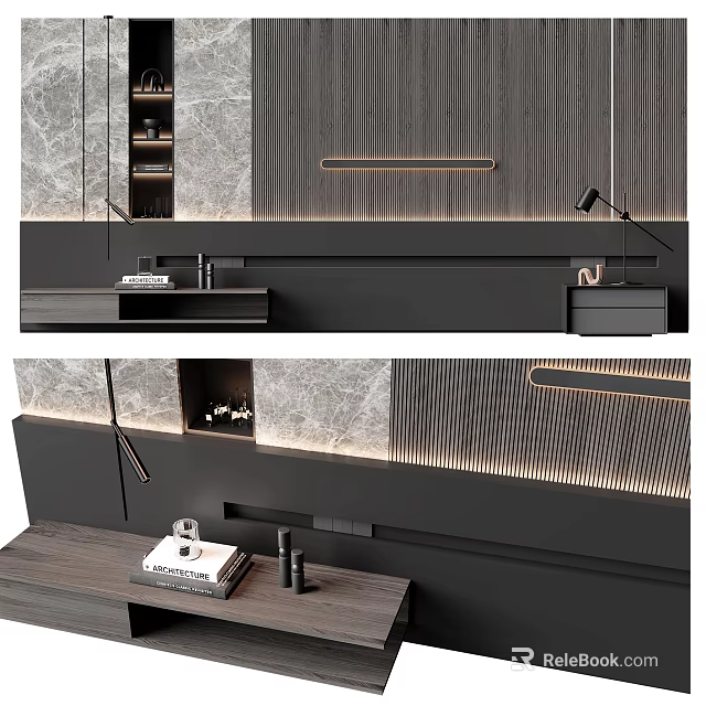 Modern Bedroom Accent Wall Design With Marble Linear Lighting And Minimalist Furniture 3d model 