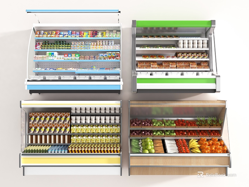 Commercial Refrigerated Display Cases Storing Beverages Fruits Vegetables And Canned Goods In Store 3d model 