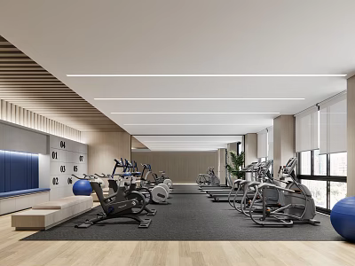 Modern Spacious Fitness Gym With Workout Equipment Treadmills Exercise Bikes Blue Walls And Wooden Flooring 3d model