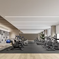 Modern Spacious Fitness Gym With Workout Equipment Treadmills Exercise Bikes Blue Walls And Wooden Flooring