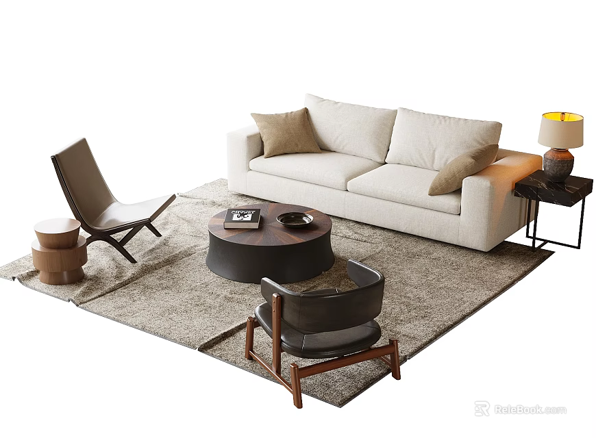 Beige Sofa and Coffee Table Set with Armchairs Rug Side Table and Table Lamp 3d model 