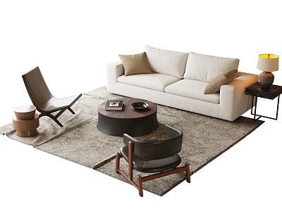 Beige Sofa and Coffee Table Set with Armchairs Rug Side Table and Table Lamp 3d model