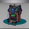 Fantasy Style Building Featuring Red Brick Walls Green Awning Blue Windows And Decorative Roof
