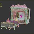 Ornate Miniature Theater Stage With Red Curtains Audience Seats And Performer