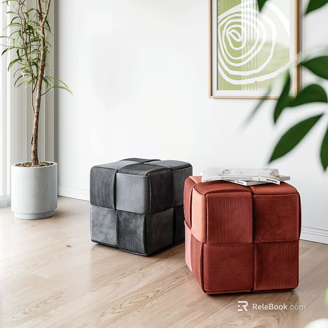Gray And Red Square Velvet Ottoman Stools For Modern Indoor Home Decor 3d model 