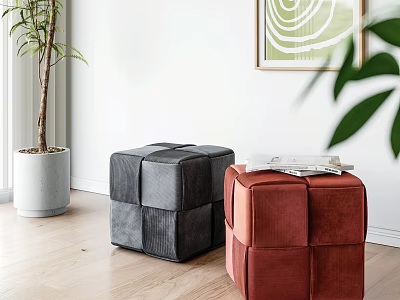 Gray And Red Square Velvet Ottoman Stools For Modern Indoor Home Decor 3d model