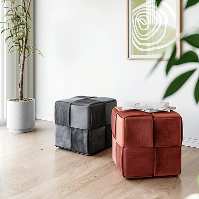 Gray And Red Square Velvet Ottoman Stools For Modern Indoor Home Decor 3d model