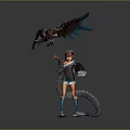 A Woman Wearing Goggles With Long Tail Standing Next To Bird With Spread Wings