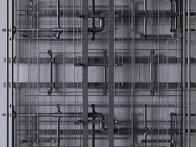 Industrial Style Ceiling Design With Exposed Metal Pipes And Grid Structure Details 3d model