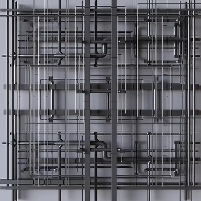 Industrial Style Ceiling Design With Exposed Metal Pipes And Grid Structure Details 3d model