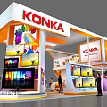 KONKA Exhibition Booth With Orange White Geometric Decorations And TV Display Screens
