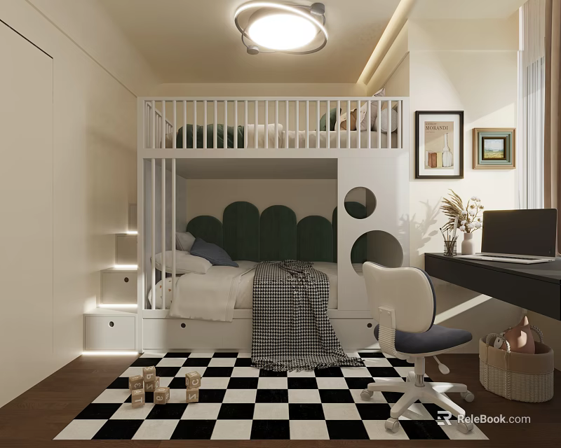 Kids Room Interior With Bunk Bed Green Headboard Desk Chair Wooden Floor And Checkered Rug 3d model 