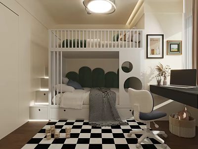 Kids Room Interior With Bunk Bed Green Headboard Desk Chair Wooden Floor And Checkered Rug 3d model