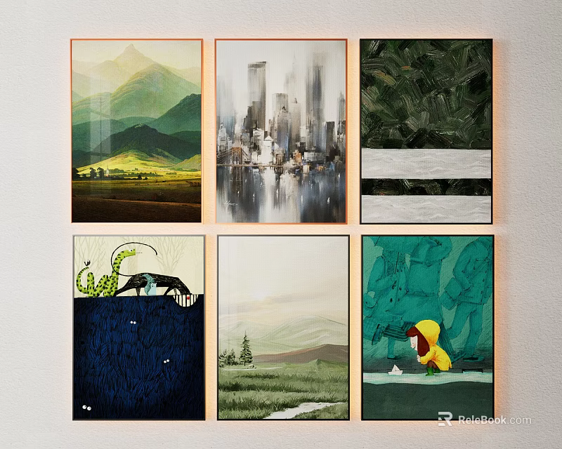 Six Diverse Wall Art Paintings Featuring Mountain City Greenery And Rural Scenes 3d model 