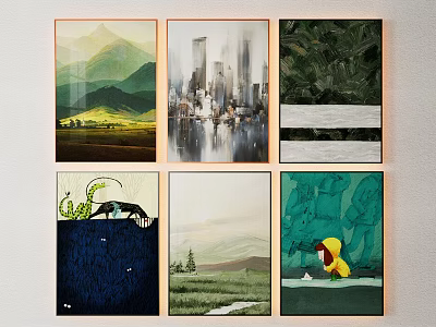 Six Diverse Wall Art Paintings Featuring Mountain City Greenery And Rural Scenes 3d model