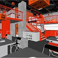 Modern Clay Stove Hotpot Restaurant Interior With Orange Decor And Staircase