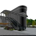Modern Building Escalator With Glass Canopy Stone Wall Plaza And Surrounding Trees