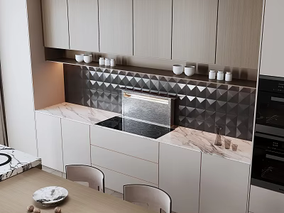 Elegant Modern Sideboard Cabinet With Marble Countertop And Decorative Bowls In Kitchen 3d model