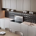 Elegant Modern Sideboard Cabinet With Marble Countertop And Decorative Bowls In Kitchen