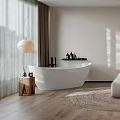 Minimalist Modern Bedroom Interior With Round Bed Wooden Floor And White Bathtub