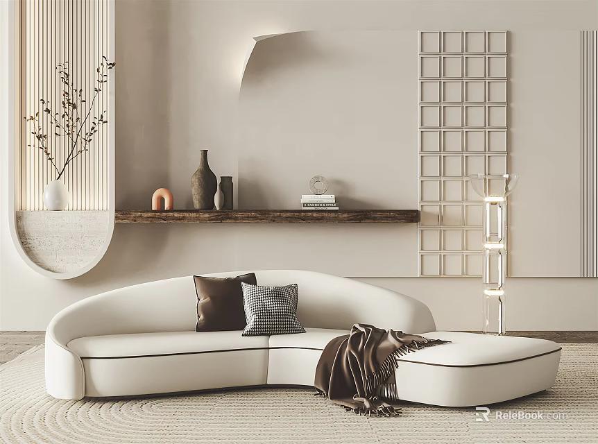 Curved White Sectional Sofa With Pillows And Throw Blanket In Modern Living Room Design 3d model 