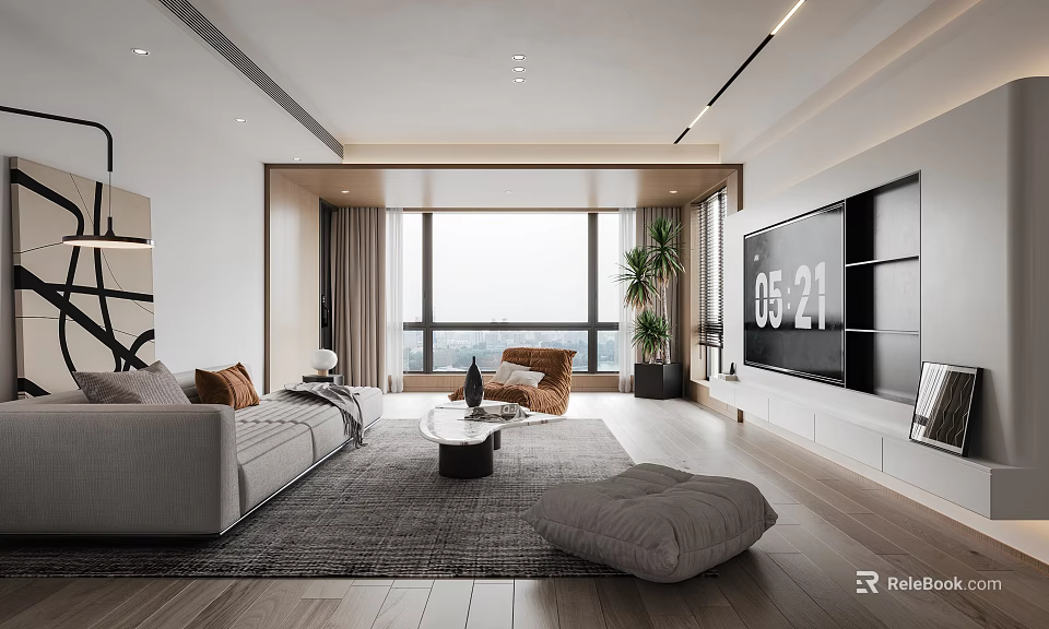Modern Living Dining Room With Sofa Coffee Table TV Floor To Ceiling Windows And Plant 3d model 