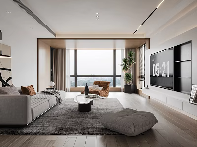 Modern Living Dining Room With Sofa Coffee Table TV Floor To Ceiling Windows And Plant 3d model