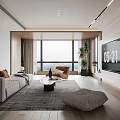Modern Living Dining Room With Sofa Coffee Table TV Floor To Ceiling Windows And Plant