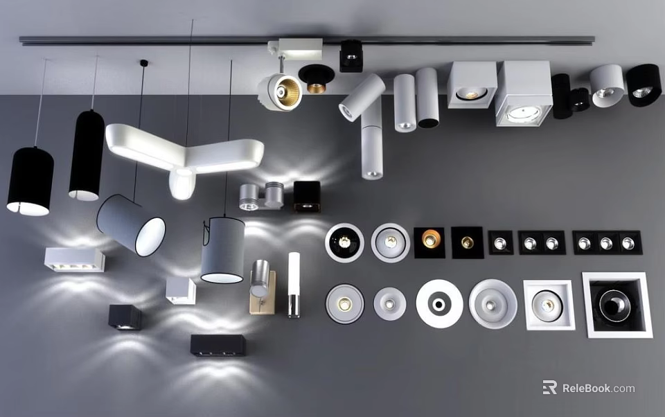 Modern Lighting Combinations Featuring Pendants Wall Lights Recessed Fixtures In Black White And Silver 3d model 