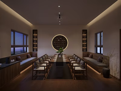 Chinese Style Conference Room With Long Table Chairs Sofas Circular Decoration And Bookshelves 3d model