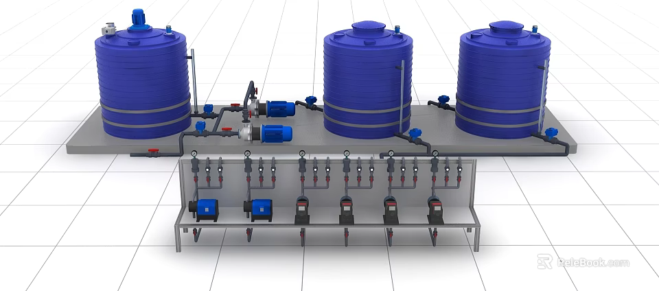 Integrated Industrial Equipment System With Blue Tanks Piping Valves And Pumps 3d model 