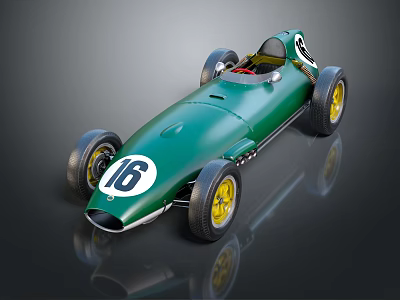 Vintage Green Single Seat Racing Car With Number 16 And Yellow Wheels 3d model